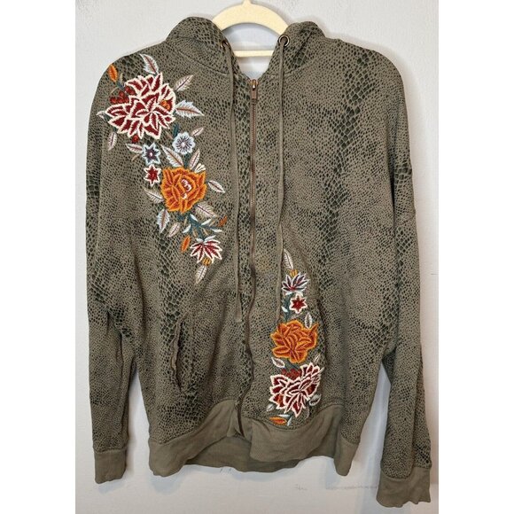 Caite Anthropologie Hoodie Jacket Size Medium Floral Embroidered Snakeskin - Picture 1 of 7
